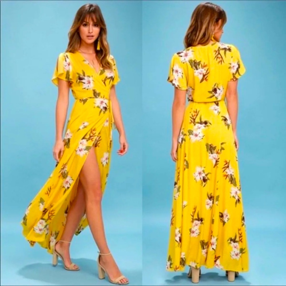 Lulus Heart of Marigold Yellow Tropical Print Wrap Maxi Dress